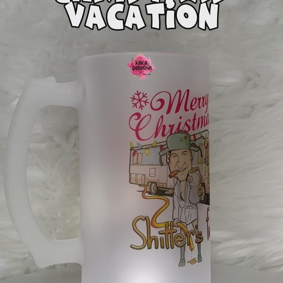 Christmas Vacation Beer Stein by Krcil Designs | Unwrap the gift of laughter with the unforgettable Cousin Eddie, in his signature white bathrobe and trooper hat, cigar in hand, holding his beer, featuring his iconic unforgettable "RV from Hell" dumping the sewage waste, "Merry Christmas, Shitter's Full!" Our waffle weave dish cloth tea towel sets, pair perfectly with our custom personalized beer stein mugs. Explore our sets and bundles options for gift ideas. KrcilDesigns.com