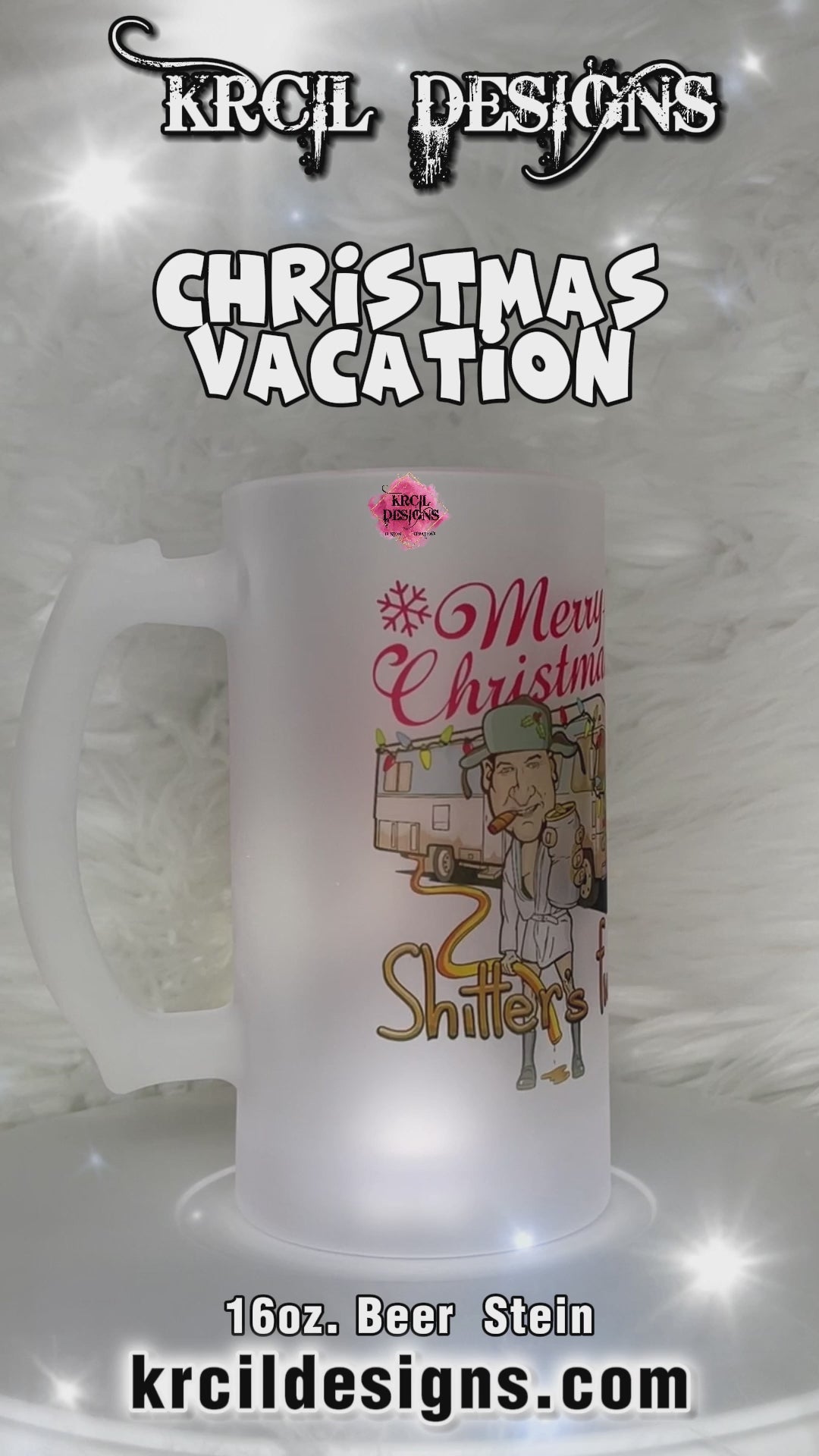 Christmas Vacation Beer Stein by Krcil Designs | Unwrap the gift of laughter with the unforgettable Cousin Eddie, in his signature white bathrobe and trooper hat, cigar in hand, holding his beer, featuring his iconic unforgettable "RV from Hell" dumping the sewage waste, "Merry Christmas, Shitter's Full!" Our waffle weave dish cloth tea towel sets, pair perfectly with our custom personalized beer stein mugs. Explore our sets and bundles options for gift ideas. KrcilDesigns.com