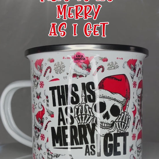 This Is As MERRY As I GET Skull Christmas Mug | Personalized Mug by Krcil Designs | Picture this: a big skull, wearing the iconic Santa hat, giving you two middle fingers, and delivering a sassy message. This is the holiday mug for you! KrcilDesigns.com