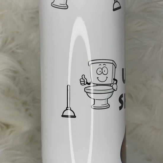 Potty-rific "I UNCLOG SHITTERS" Plumbers Toilets & Plungers Tumbler by Krcil Designs | Featuring a Flexing Muscle Poop Emoji. | Let our custom tumblers do the talking with our collection of personalized tumblers. Personalize It - add name, monogram, picture collage photo tumbler - the picture-perfect present! For the ultimate gift, add a t-shirt, or accessorize with a custom tote bag. Insulated stainless steel tumblers include a plastic slide top lid and metal or plastic straw. KrcilDesigns.com