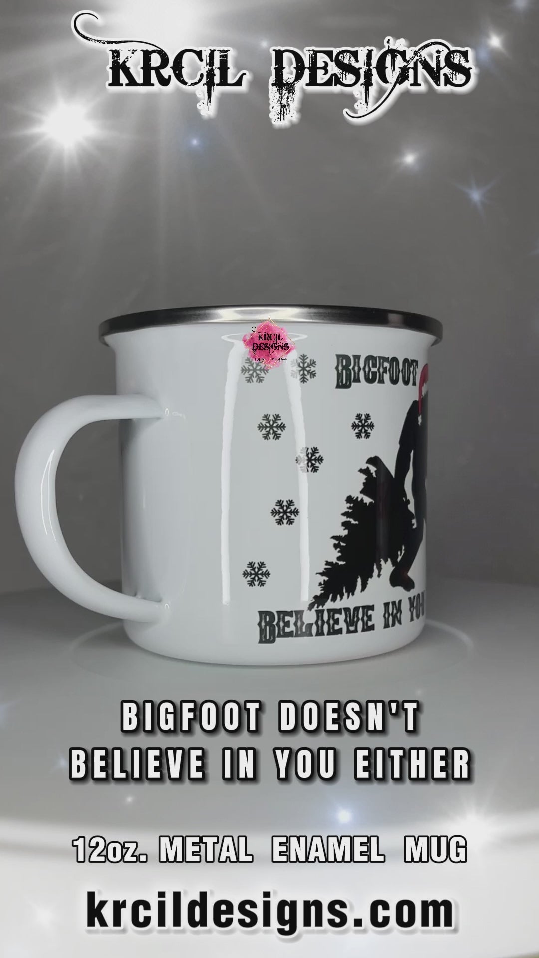Sasquatch aka Bigfoot Coffee Mugs & Christmas Mugs by Krcil Designs | "Bigfoot Doesn't Believe in You Either" | This jolly Bigfoot is fully immersed in the holiday spirit, from dragging a Christmas tree to wearing a Santa hat and carrying a Bigfoot-sized candy cane. Adorned with whimsical snowflakes, this festive mug can be personalized with your name with our black and white plaid letters for that extra touch of holiday magic. Shop Bigfoot Gifts at KrcilDesigns.com