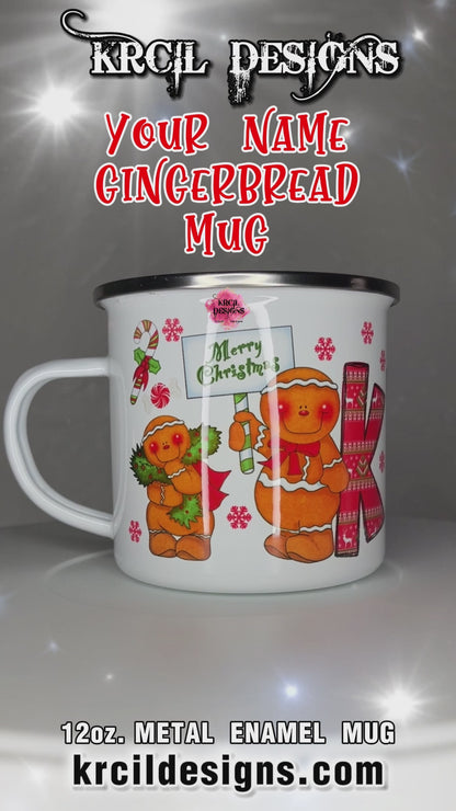 Your Name Gingerbread Christmas Mug | Personalized Mug by Krcil Designs | Add a dash of Christmas Magic to the little ones' holiday traditions with their own holiday mug featuring their Name, in our festive style ugly sweater Christmas letters, adorned with gingerbread dancing in and around the letters, and candy canes. Perfect for Christmas Movie Night, just add hot chocolate, marshmallows, and sprinkles! Great idea for the arrival of Elf on the Shelf! Make this Christmas magical! KrcilDesigns.com