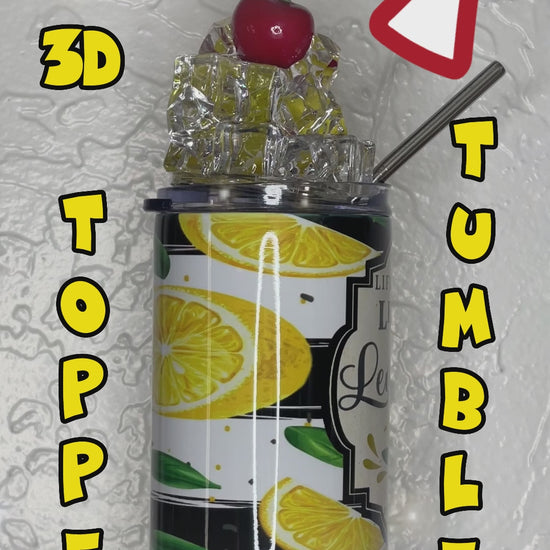 Lemon Lovers "WHEN LIFE GIVES YOU LEMONS MAKE LEMONADE" Lemon Tumbler with Custom Removable 3D Topper by Krcil Designs | Let our custom tumblers do the talking with our collection of personalized tumblers. Personalize It - add name, monogram, picture collage photo tumbler - the picture-perfect present! For the ultimate gift, add a t-shirt, or accessorize with a custom tote bag. Insulated stainless steel tumblers include a plastic slide top lid and metal or plastic straw. KrcilDesigns.com