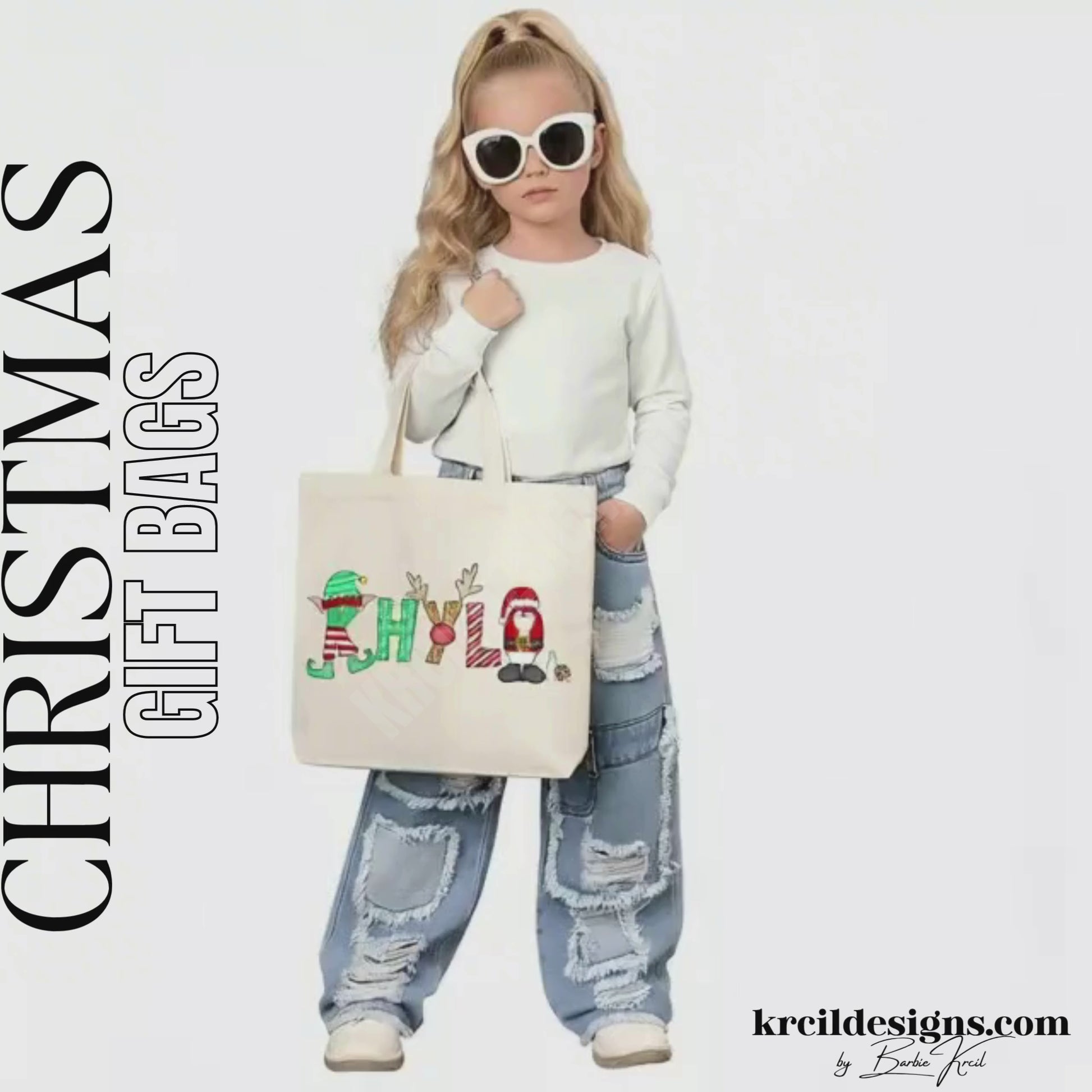 Christmas Personalized Tote Bags by KrcilDesigns.com | Graphic Design on a canvas tote bag, features your name,  in name style option: "Santa & Elf" where the designs of the letters are different festive Christmas patterns. The playful letters adorned with Santa, His Elf, Rudolph's Red Nose, Reindeer Antlers, and even Santa's Milk and Cookies.