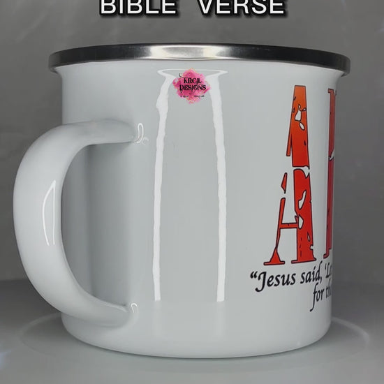 Your Name Religious Bible Verse Camp Mug Personalized Metal Enamel Mug by Krcil Designs | Let our custom coffee cups do the talking with our collection of personalized coffee cups. Personalize It - add name, monogram, make a one-of-a-kind picture collage photo cup - the picture-perfect present! Add our dish cloth and tea towel set, perfectly paired with our cups and mugs. For the ultimate coffee lovers gift, explore our sets and bundles. KrcilDesigns.com