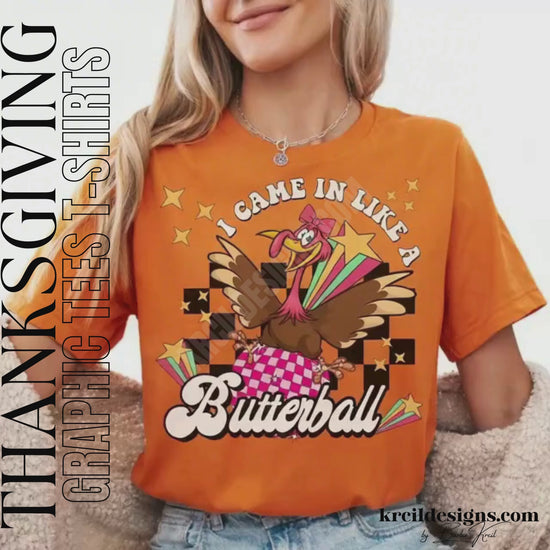Funny Thanksgiving Shirts by KrcilDesigns.com | Graphic design on a orange t-shirt, featuring a cartoon turkey wearing sunglasses, the turkey is brown with a red wattle, yellow beak and feet, with yellow dots as a background. The words are scattered around the turkey in bold black text that reads: "Turkey Gravy Beans & Rolls LET ME SEE THAT CASSEROLE"