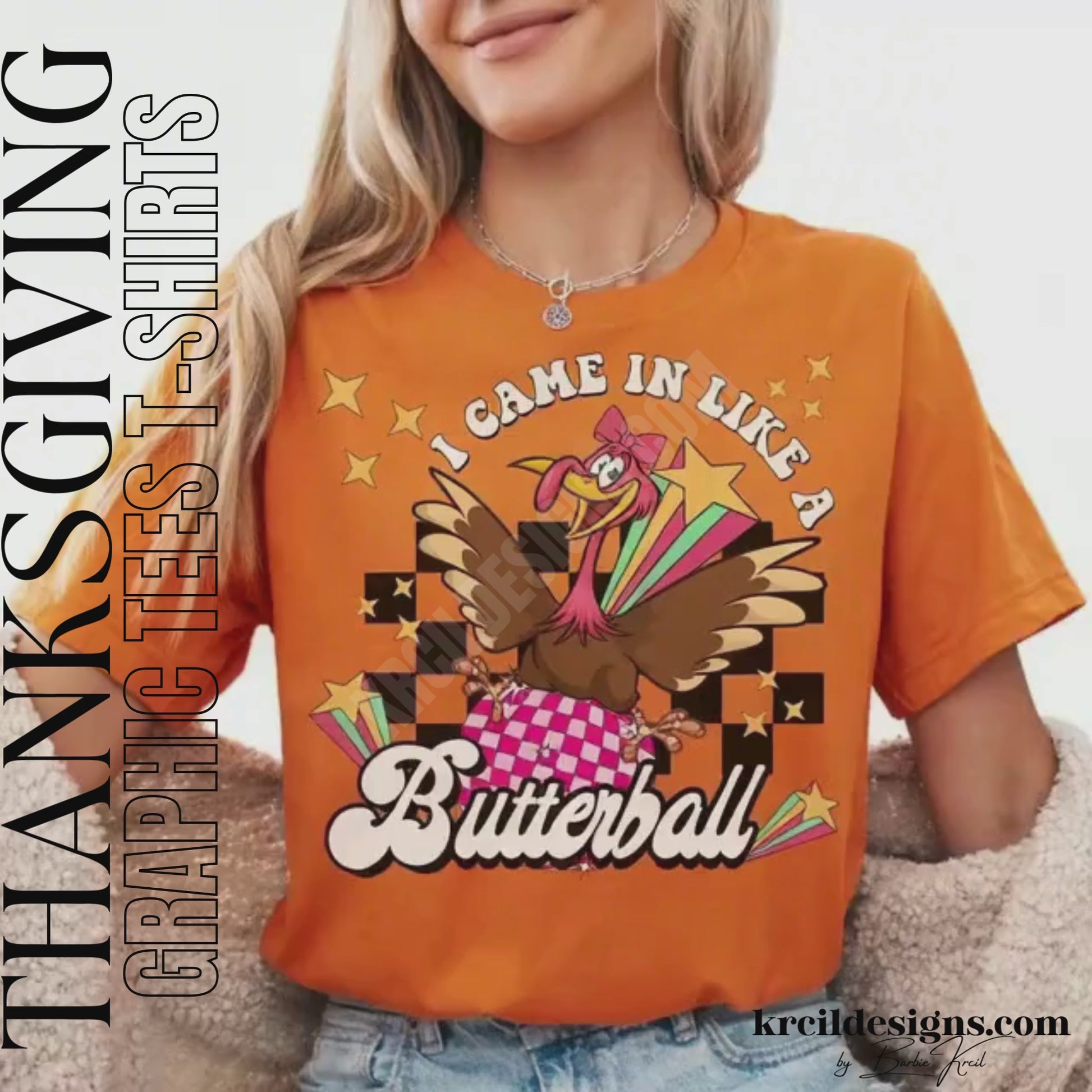 Funny Thanksgiving Shirts by KrcilDesigns.com | Graphic design on a orange t-shirt, featuring a cartoon turkey wearing sunglasses, the turkey is brown with a red wattle, yellow beak and feet, with yellow dots as a background. The words are scattered around the turkey in bold black text that reads: "Turkey Gravy Beans & Rolls LET ME SEE THAT CASSEROLE"