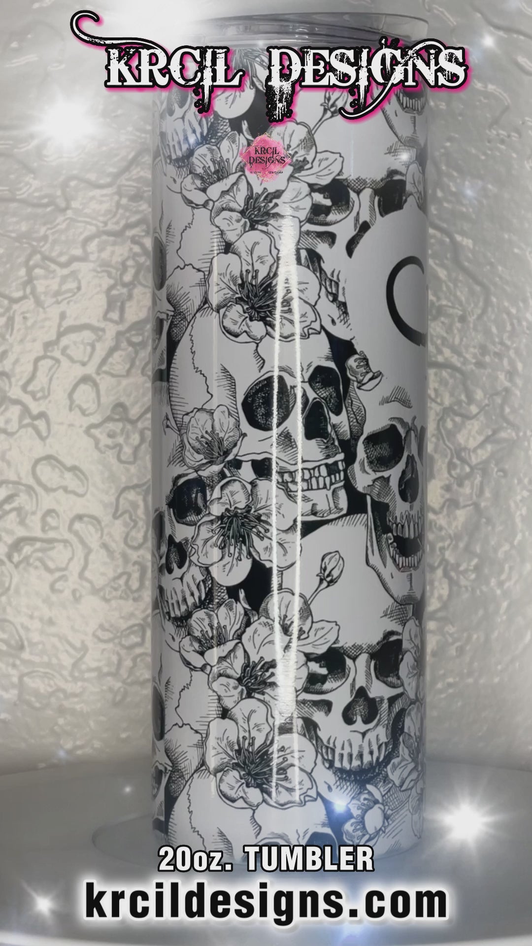 Rock-On Skulls Personalized Tumbler by Krcil Designs | Featuring a black/white skull pattern, a skeleton hand with the rock-on sign. | Let our custom tumblers do the talking with our collection of personalized tumblers. Personalize It - add name, monogram, picture collage photo tumbler - the picture-perfect present! For the ultimate gift, add a t-shirt, or accessorize with a custom tote bag. Insulated stainless steel tumblers include a plastic slide top lid and metal or plastic straw. KrcilDesigns.com