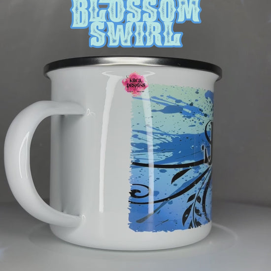 Blue Blossom Swirl Camp Mug Personalized Metal Enamel Mug by Krcil Designs | Let our custom coffee cups do the talking with our collection of personalized coffee cups. Personalize It - add name, monogram, make a one-of-a-kind picture collage photo cup - the picture-perfect present! Add our dish cloth and tea towel set, perfectly paired with our cups and mugs. For the ultimate coffee lovers gift, explore our sets and bundles. KrcilDesigns.com