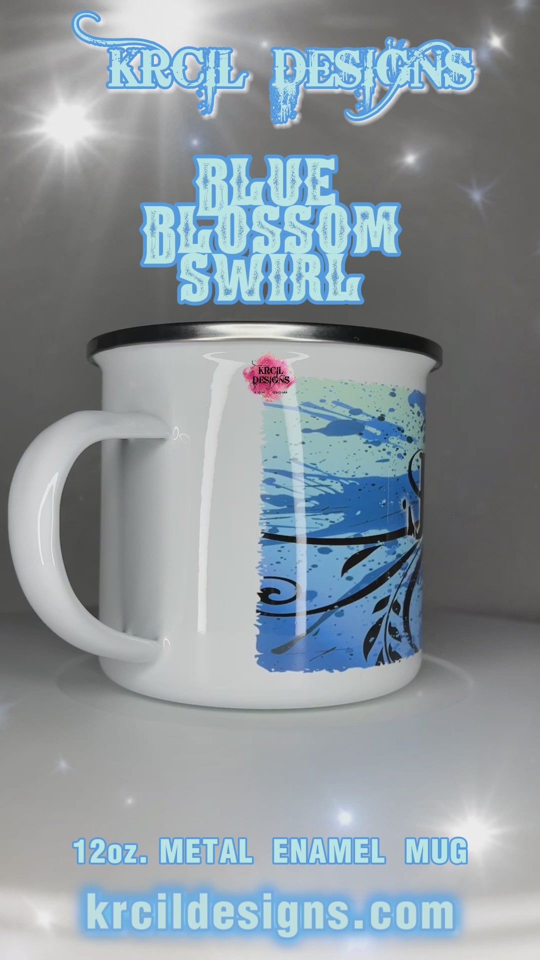 Blue Blossom Swirl Camp Mug Personalized Metal Enamel Mug by Krcil Designs | Let our custom coffee cups do the talking with our collection of personalized coffee cups. Personalize It - add name, monogram, make a one-of-a-kind picture collage photo cup - the picture-perfect present! Add our dish cloth and tea towel set, perfectly paired with our cups and mugs. For the ultimate coffee lovers gift, explore our sets and bundles. KrcilDesigns.com