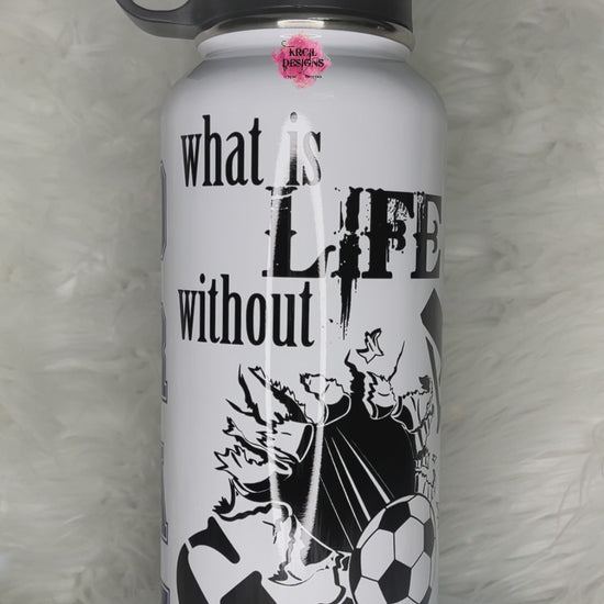 "what is LIFE without GOALS" Gillette Edge Personalized Soccer Water Bottle by Krcil Designs | Personalized with Name, Number, and Soccer Quote | Let our custom water bottles do the talking with our collection of personalized water bottles. Personalize It - add name, monogram. For the ultimate gift, add a t-shirt, or accessorize with a custom tote bag. Insulated stainless steel water bottles include 2 lids-wide mouth/flip top straw. KrcilDesigns.com