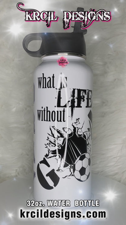 "what is LIFE without GOALS" Gillette Edge Personalized Soccer Water Bottle by Krcil Designs | Personalized with Name, Number, and Soccer Quote | Let our custom water bottles do the talking with our collection of personalized water bottles. Personalize It - add name, monogram. For the ultimate gift, add a t-shirt, or accessorize with a custom tote bag. Insulated stainless steel water bottles include 2 lids-wide mouth/flip top straw. KrcilDesigns.com