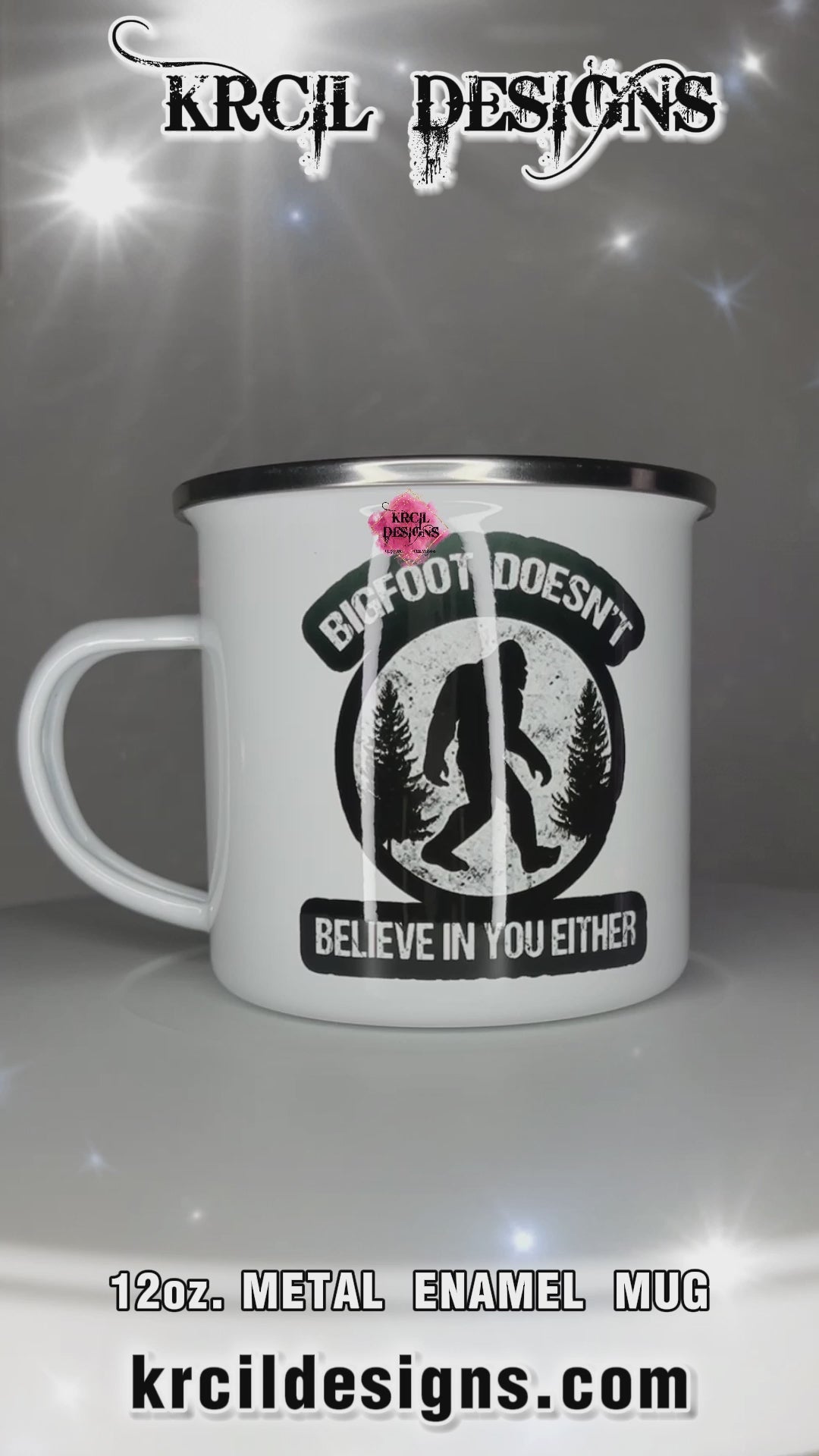 Sasquatch aka Bigfoot Camp Mug "Bigfoot Doesn't Believe in You Either" Metal Enamel Mug by Krcil Designs | Let our custom coffee cups do the talking with our collection of personalized coffee cups. Personalize It - add name, monogram, make a one-of-a-kind picture collage photo cup - the picture-perfect present! Add our dish cloth and tea towel set, perfectly paired with our cups and mugs. For the ultimate coffee lovers gift, explore our sets and bundles. KrcilDesigns.com