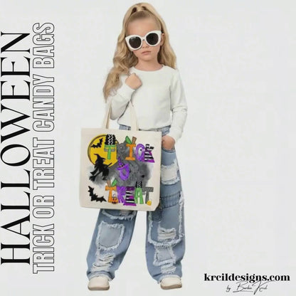 Trick or Treat Candy Bags Halloween Tote Bags by Krcil Designs | Make a fashion statement with our custom tote bags. Featuring Halloween letters of Frankenstein, the Bride of Frankenstein, pumpkins, witch and wizard hats, eerie spiders, and bewitching capes—all set against a backdrop of a mystical moon, flying witch, and bats. Our Halloween treat bags are the perfect Halloween candy bags for trick-or-treat year after year! Grab matching candy bags for the whole family! Shop Candy Bags at KrcilDesigns.com