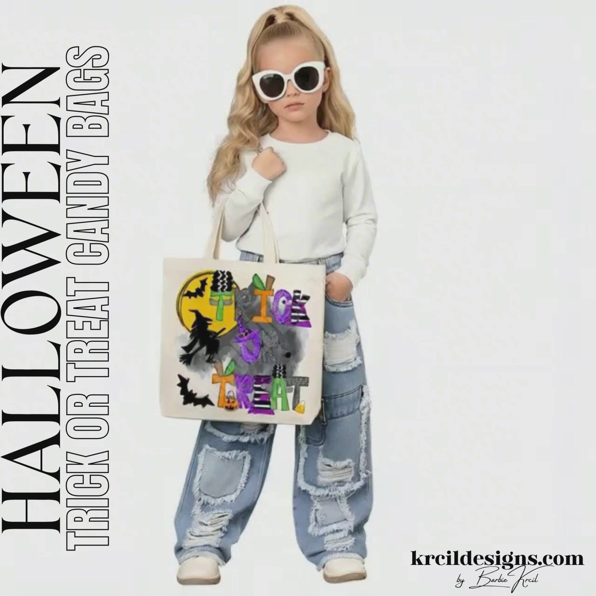 Trick or Treat Candy Bags Halloween Tote Bags by Krcil Designs | Make a fashion statement with our custom tote bags. Featuring Halloween letters of Frankenstein, the Bride of Frankenstein, pumpkins, witch and wizard hats, eerie spiders, and bewitching capes—all set against a backdrop of a mystical moon, flying witch, and bats. Our Halloween treat bags are the perfect Halloween candy bags for trick-or-treat year after year! Grab matching candy bags for the whole family! Shop Candy Bags at KrcilDesigns.com