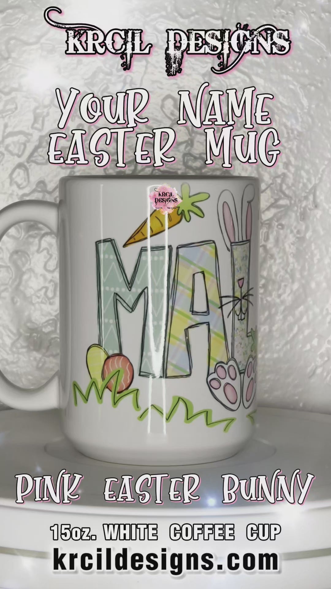 Your Name Easter Mug Personalized Coffee Cup by Krcil Designs | One lucky letter will be transformed into an Easter bunny, while playful bunnies hop into the other letters, letters are surrounded with colorful Easter eggs and carrots, and the joyful Easter letters. | Add a personalized Easter Basket with pink or blue bunny ears, personalized Easter Bunny with your name and year on ears, and a personalized Easter puzzle. We have all the personalized goodies this Easter! Hop Over to KrcilDesigns.com