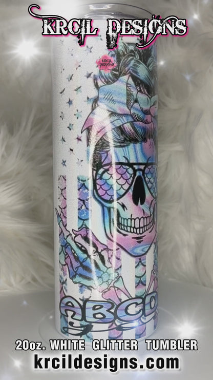 "ABCDEF you" Skull White Glitter Tumbler by Krcil Designs | Featuring a Skull with a Messy Bun, giving two middle fingers. | Let our custom tumblers do the talking with our collection of personalized tumblers. Personalize It - add name, monogram, picture collage photo tumbler - the picture-perfect present! For the ultimate gift, add a t-shirt, or accessorize with a custom tote bag. Insulated stainless steel tumblers include a plastic slide top lid and metal or plastic straw. KrcilDesigns.com