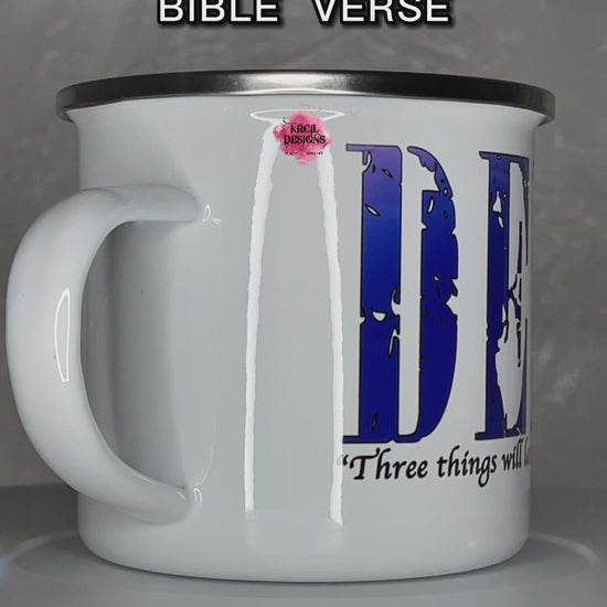 Your Name Religious Bible Verse Camp Mug Personalized Metal Enamel Mug by Krcil Designs | Let our custom coffee cups do the talking with our collection of personalized coffee cups. Personalize It - add name, monogram, make a one-of-a-kind picture collage photo cup - the picture-perfect present! Add our dish cloth and tea towel set, perfectly paired with our cups and mugs. For the ultimate coffee lovers gift, explore our sets and bundles. KrcilDesigns.com