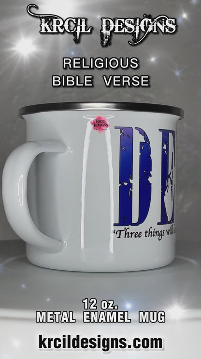 Your Name Religious Bible Verse Camp Mug Personalized Metal Enamel Mug by Krcil Designs | Let our custom coffee cups do the talking with our collection of personalized coffee cups. Personalize It - add name, monogram, make a one-of-a-kind picture collage photo cup - the picture-perfect present! Add our dish cloth and tea towel set, perfectly paired with our cups and mugs. For the ultimate coffee lovers gift, explore our sets and bundles. KrcilDesigns.com