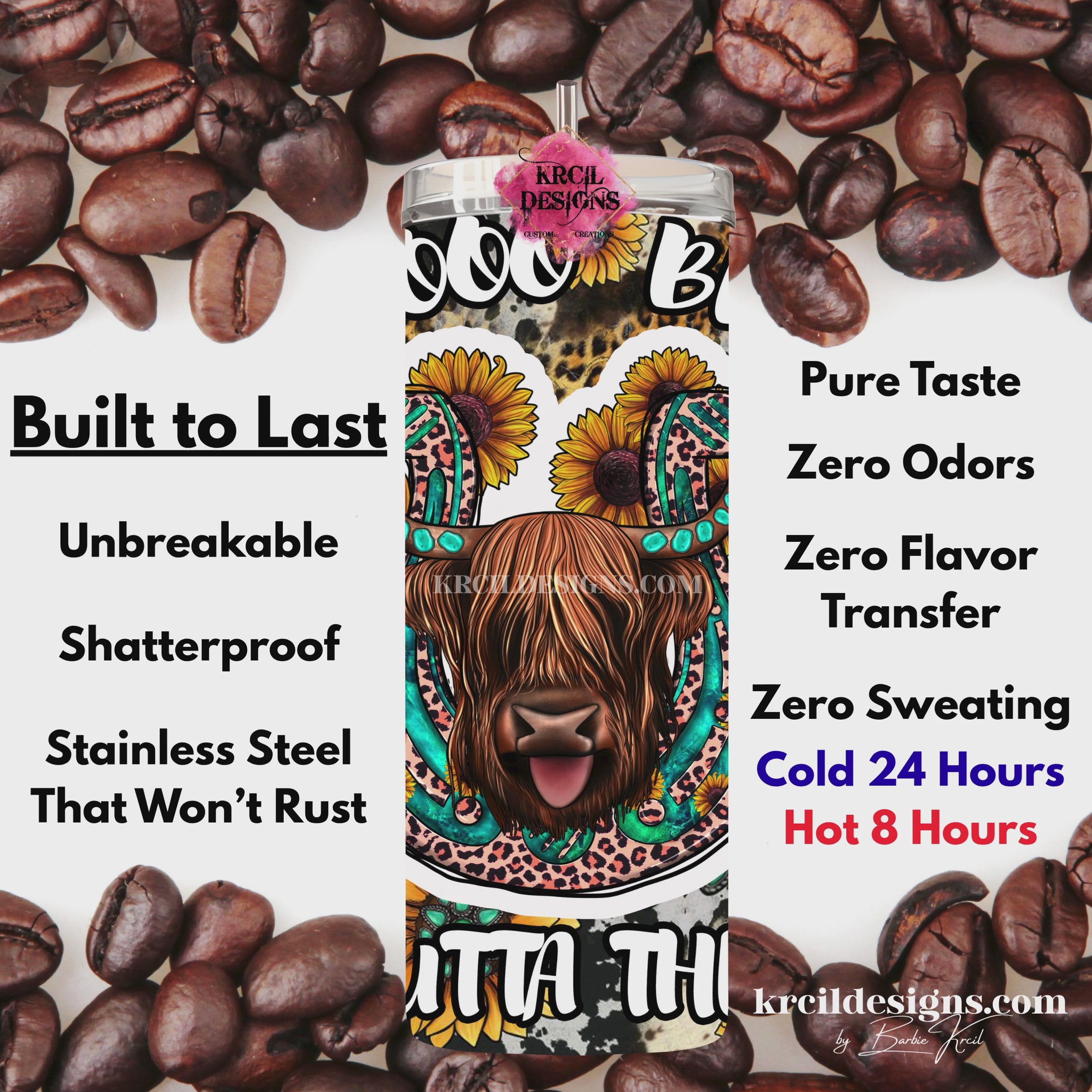 Moo Bitch Highland Cow 20oz Skinny Tumbler — Sassy Western Aesthetic Drinkware — Funny Cowhide Print Cup — Krcil Designs, Gillette, WY