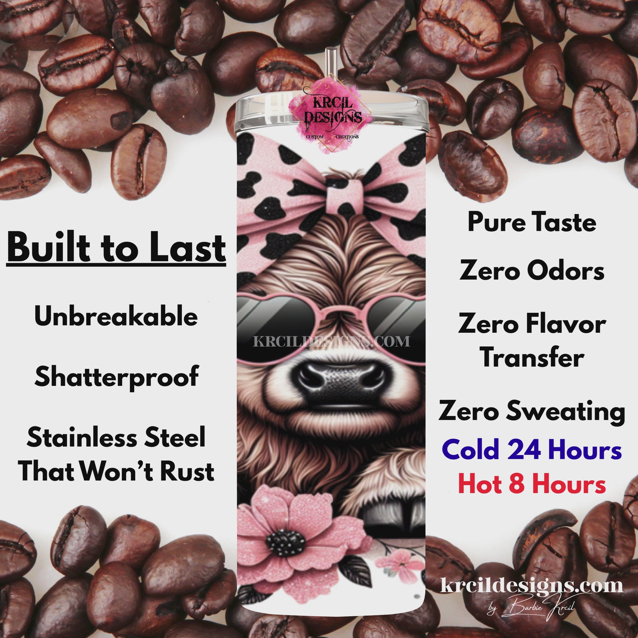 Fluffy baby highland cow 20oz skinny tumbler with cow print pink bow, pink heart sunglasses, pink florals and butterflies — Boutique Kids' Drinkware — Gillette, WY.