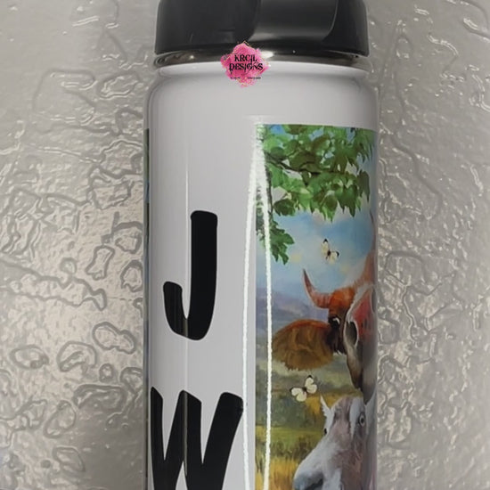 Silly Farm Animals Personalized Water Bottle by Krcil Designs | Our farm animal water bottle is the ultimate in hilarious hydration. Featuring the grinning faces of all your favorite barnyard pals! | Let our custom water bottles do the talking with our collection of personalized water bottles. Personalize It - add name, monogram. For the ultimate gift, add a t-shirt, or accessorize with a custom tote bag. Insulated stainless steel water bottles include 2 lids-wide mouth/flip top straw. KrcilDesigns.com