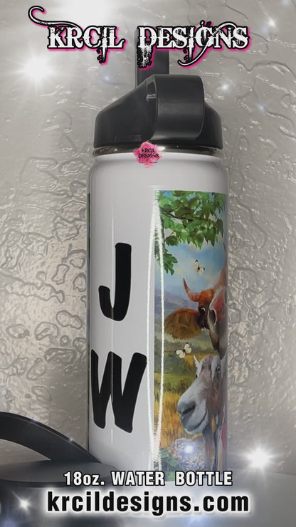 Silly Farm Animals Personalized Water Bottle by Krcil Designs | Our farm animal water bottle is the ultimate in hilarious hydration. Featuring the grinning faces of all your favorite barnyard pals! | Let our custom water bottles do the talking with our collection of personalized water bottles. Personalize It - add name, monogram. For the ultimate gift, add a t-shirt, or accessorize with a custom tote bag. Insulated stainless steel water bottles include 2 lids-wide mouth/flip top straw. KrcilDesigns.com