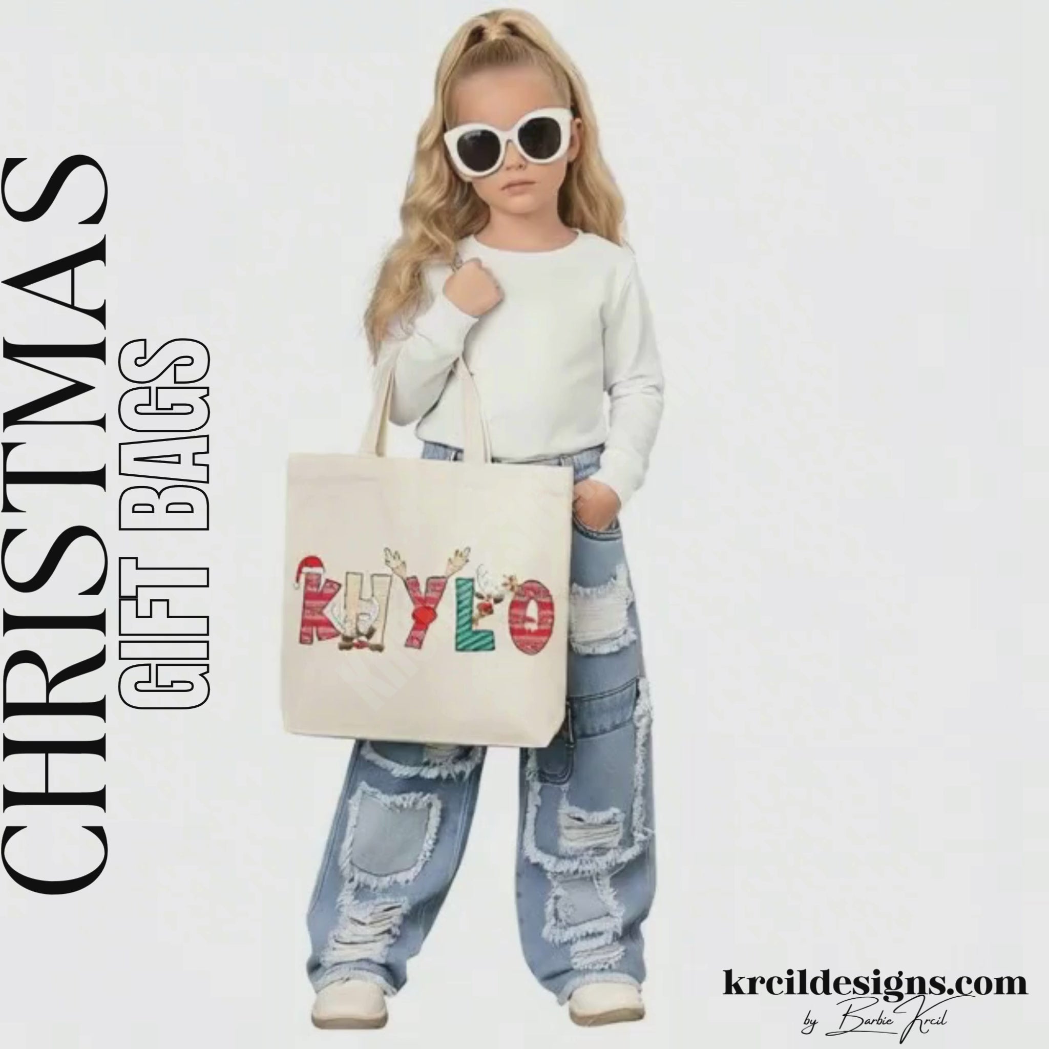 Christmas Personalized Tote Bags by KrcilDesigns.com | Graphic Design on a canvas tote bag, features your name, in name style option: "Christmas" where the designs of the letters are different festive Christmas patterns. The letters don a Santa Hat, Rudolph's Red Nose, and Reindeer Antlers. Santa and his Reindeer are playing Peek-a-Boo and are peeking out of letters.