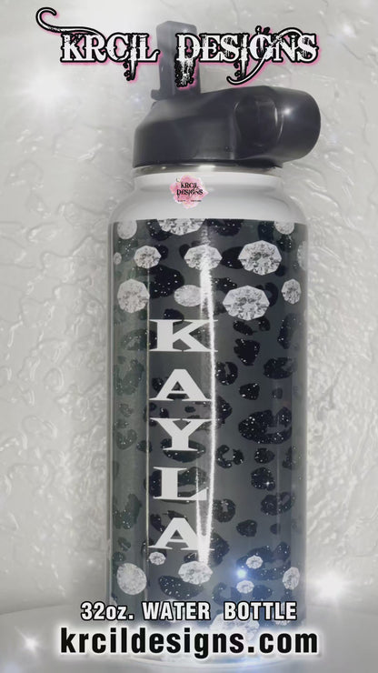 Diamonds Are A Girl's Best Friend -Marilyn Monroe Water Bottle by Krcil Designs | Shine Bright Like A Diamond with our Marilyn Monroe Water Bottle—made for Marilyn Monroe Lovers! This hydro water bottle has the Diamonds Quote. This custom water bottle has a black cheetah print backdrop, wrapped in diamonds, features Marilyn and her signature lips! Add a personal touch, add name, your favorite Marilyn Monroe quote, for a one-of-a-kind personalized water bottle. Shop Marilyn Monroe Gifts at KrcilDesigns.com