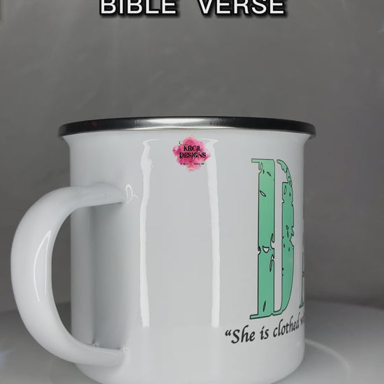 Your Name Religious Bible Verse Camp Mug Personalized Metal Enamel Mug by Krcil Designs | Let our custom coffee cups do the talking with our collection of personalized coffee cups. Personalize It - add name, monogram, make a one-of-a-kind picture collage photo cup - the picture-perfect present! Add our dish cloth and tea towel set, perfectly paired with our cups and mugs. For the ultimate coffee lovers gift, explore our sets and bundles. KrcilDesigns.com