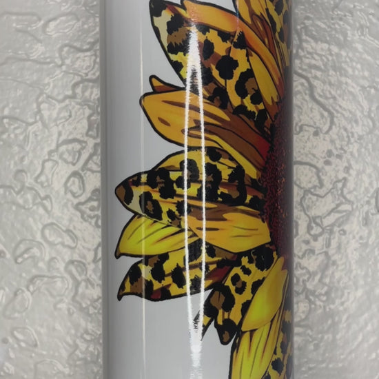 Coffee Quote Sunflower Tumbler by Krcil Designs | Coffee Lovers—Sunflower Lovers! Soak up some sunshine with this coffee tumbler! Featuring a coffee quote that's sure to perk up your day and start it with a smile! This custom tumbler features a bright, cheery, beautiful sunflower, petals accented in cheetah print, and a splash of coffee humor. Add name, your favorite coffee quote, make it a one-of-a-kind personalized tumbler. The ultimate in Sunflower Gifts! Shop Coffee Lovers Gifts at KrcilDesigns.com