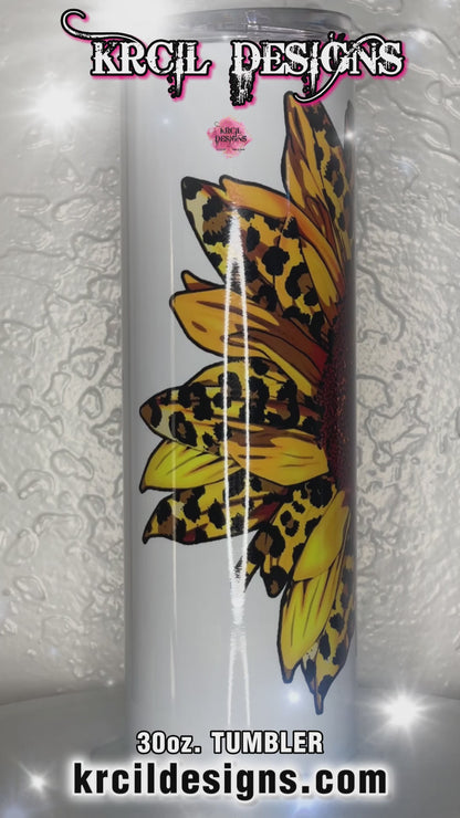 Coffee Quote Sunflower Tumbler by Krcil Designs | Coffee Lovers—Sunflower Lovers! Soak up some sunshine with this coffee tumbler! Featuring a coffee quote that's sure to perk up your day and start it with a smile! This custom tumbler features a bright, cheery, beautiful sunflower, petals accented in cheetah print, and a splash of coffee humor. Add name, your favorite coffee quote, make it a one-of-a-kind personalized tumbler. The ultimate in Sunflower Gifts! Shop Coffee Lovers Gifts at KrcilDesigns.com