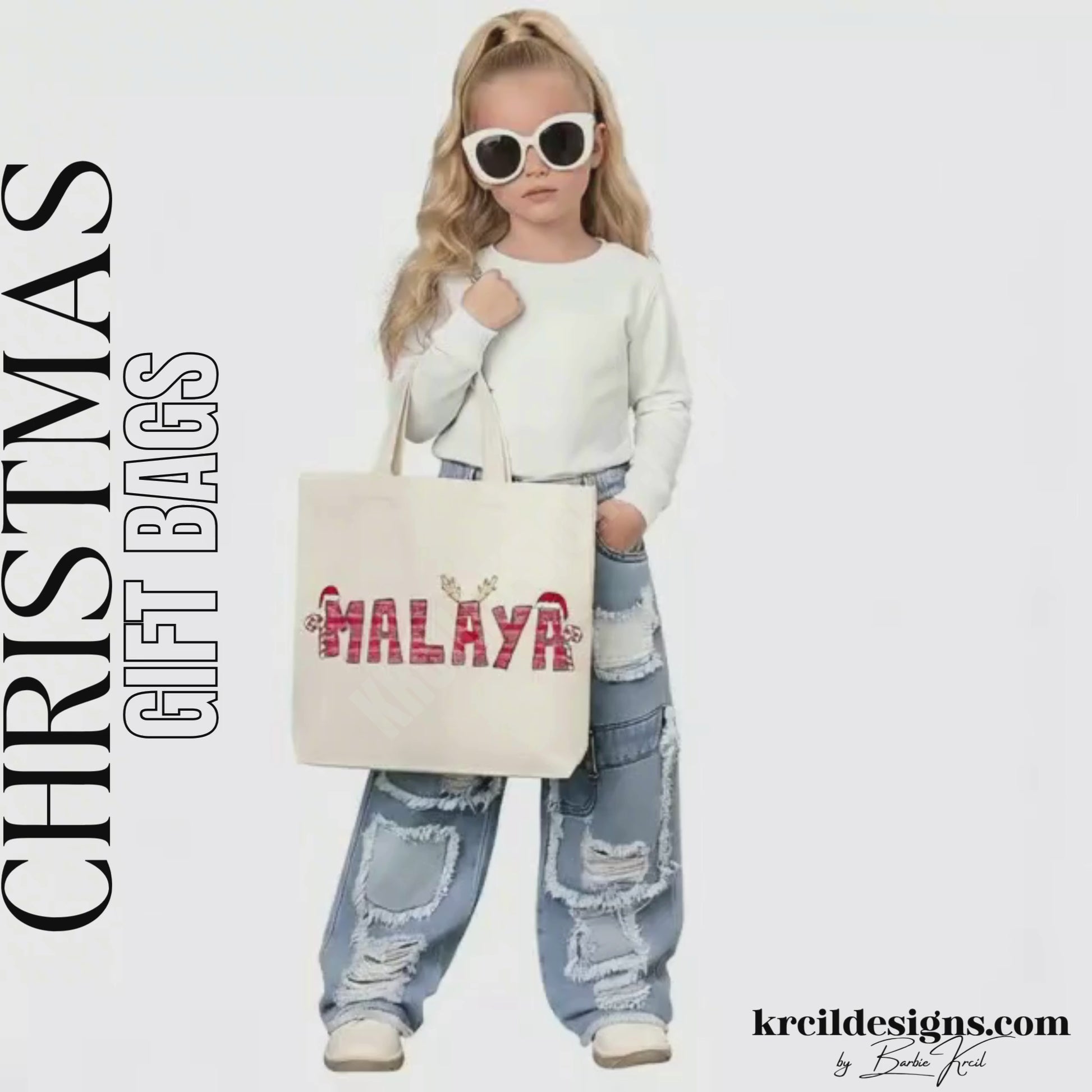 Christmas Personalized Tote Bags by KrcilDesigns.com | Graphic Design on a canvas tote bag, features your name, in name style option: "Ugly Sweater" where all letters are the same festive design in an ugly sweater pattern. The letters, one adorned with Rudolph's Red Nose, Reindeer Antlers, plus, Santa Hats and Candy Canes on each side of your name.